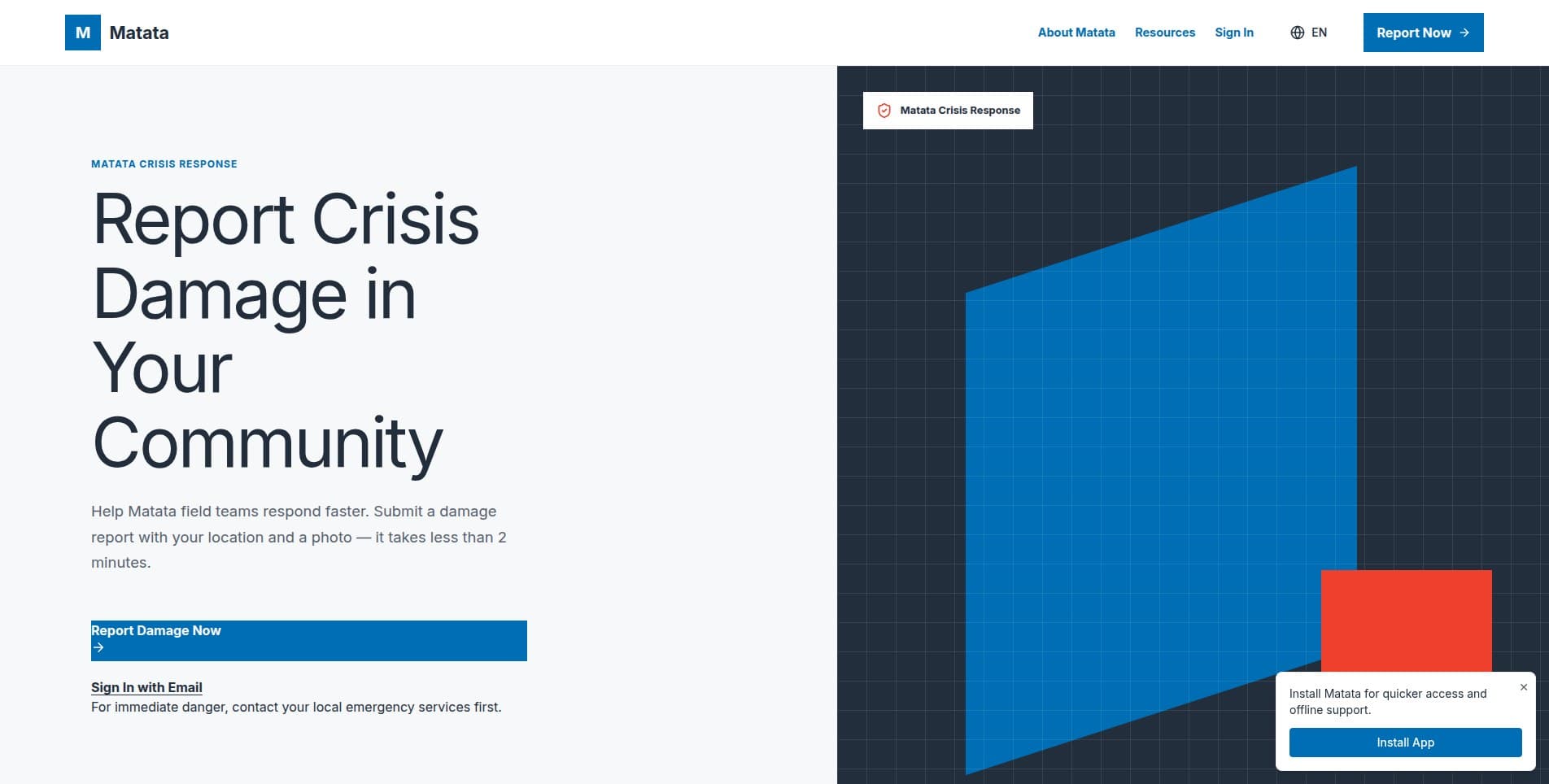 Matata home page: Report Crisis Damage in Your Community